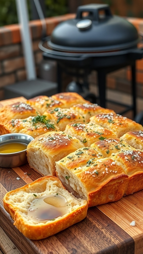 Grilled focaccia bread sliced into squares, topped with herbs and served with olive oil on a wooden board.